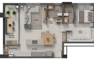 Opção Loft - 80,43 m² (1 suíte + varanda com previsão para churrasqueira a gás [cozinha com ponto de gás na ilha])