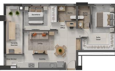 Opção de planta - 80,43 m² (2Q com suíte + TV na parede entre a cozinha e a sala + varanda com previsão para churrasqueira a gás)