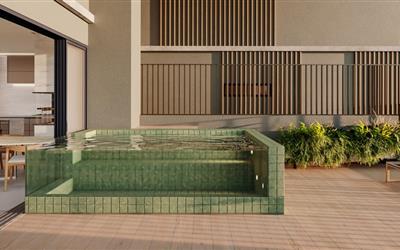 Perspectiva ilustrativa da varanda com piscina 